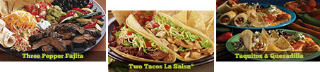 three pepper fajita. two tacos la salsa. taquitos and quesadilla.